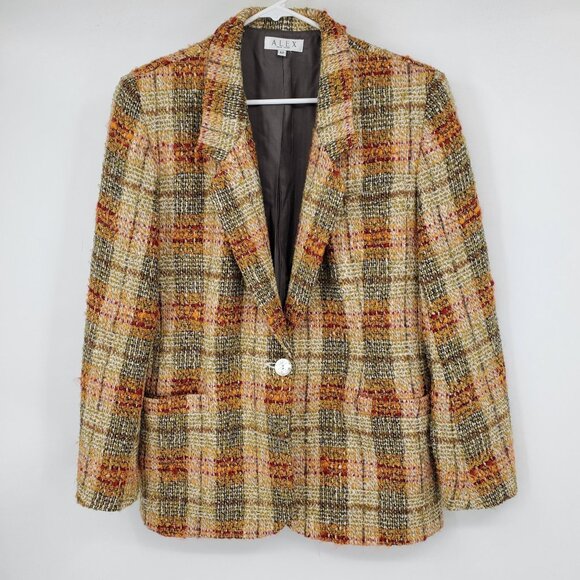 Vintage Alex Pure Wool Orange Plaid Tweed One 0Button Academia Blazer Jacket 12 - Picture 2 of 11